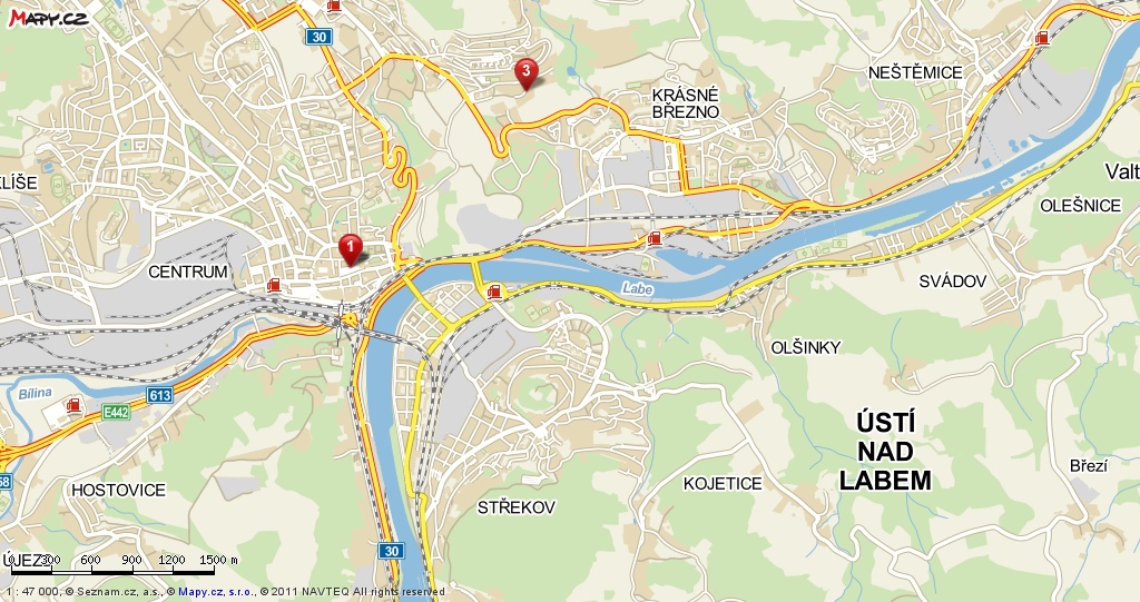 mapa centra ..  mosty... Střekov